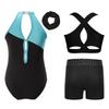 Girls Rhinestone Gymnastics Costume Set with Sleeveless Leotard Vest Shorts Waistband and Hair Band