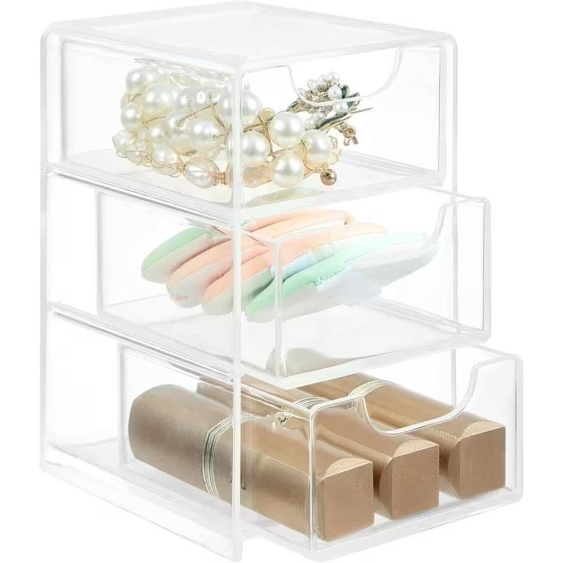 3-Tier Clear Acrylic Drawer Storage Box Durable Desktop Organizer for Home Vanity Desk Stationery Storage