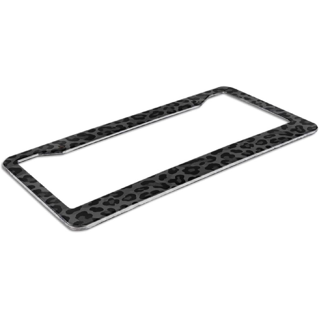 Black Leopard Print License Plate Frame - 1 Pack Personalized Cheetah Pattern License Plate Holder Aluminum Metal Car Tag Cover With 2 Holes