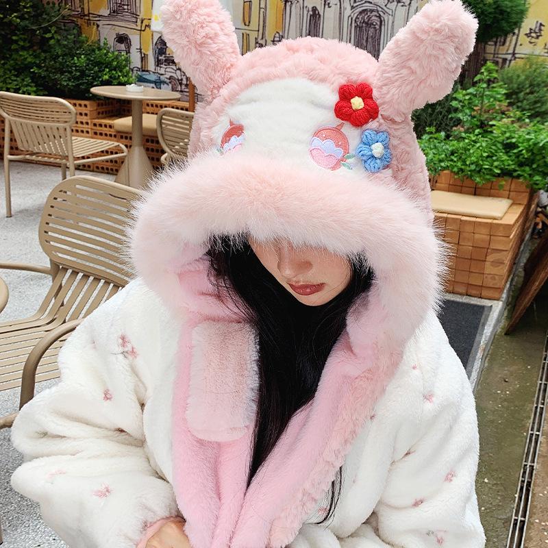 Ears move strawberry flower rabbit winter new plush hat women's cold and warm ear protection hat cute Lei Feng hat