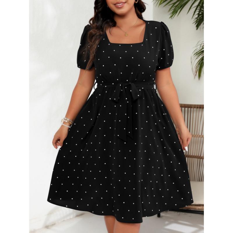 Плюс Размер Женские Элегантные Винтажные Платья В Горошек С Завязкой На Талии И Квадратным Вырезом Подол