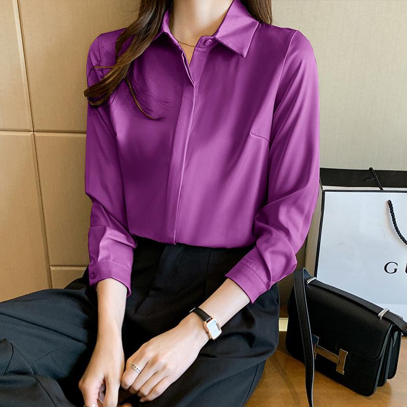 Women's Ash Blue Satin Long Sleeve Shirt - Retro Hong Kong Style, Spring Commute, Concealed Placket, Versatile Drapey Blouse