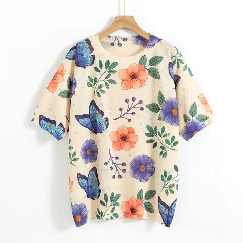 Вязаные топы с короткими рукавами Весенние трикотажные пуловеры с цветочным принтом Женская повседневная футболка с круглым вырезом