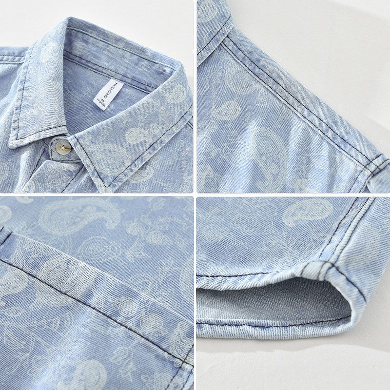 Japanese-Style Denim Print Turn-Down Collar Long-Sleeve Shirt for Men, Loose Casual Stylish Top Jacket for Spring and Autumn