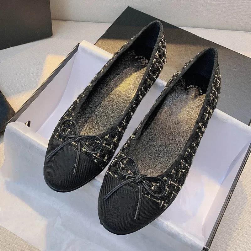 Весна 2024 года, новые женские балетки с круглым носком и бантом на плоской подошве, с закрытым носком