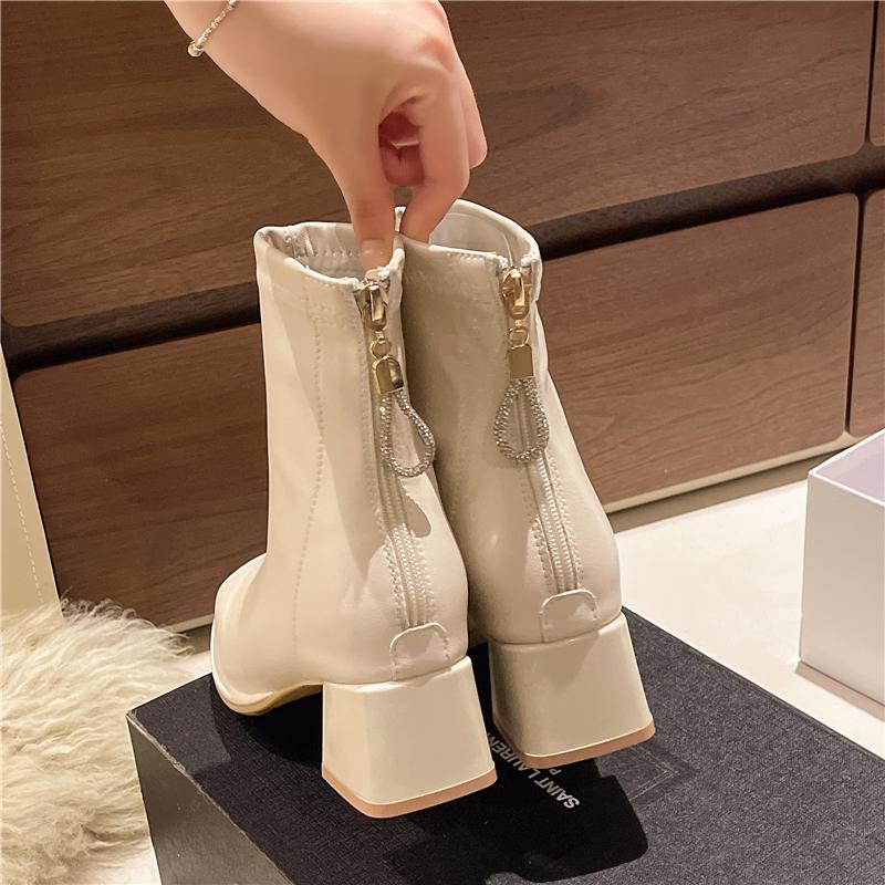 Короткие замшевые сапоги с квадратным носком, женские, осенне-зимние, эластичные, с толстым каблуком, на молнии сзади, ботильоны, модные, серые, черные, Botas De Mujer