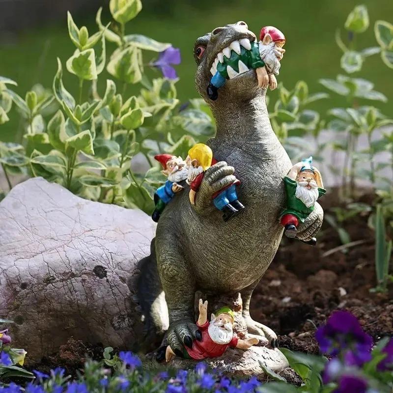 Dinosaur Dwarf Garden Statue Courtyard Outdoor Lawn Decoration Resin Ornament Hand Painted Weatherproof Yard Art Figurine Patio Backyard