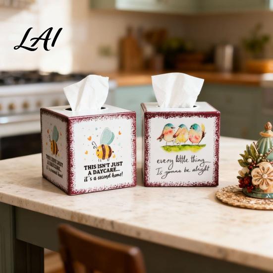 Rustic Style Tabletop Ornament Iron Art Square Tissue Box Bee And Bird Watercolor Print Smooth Extraction Case Holder Pastoral Decorative