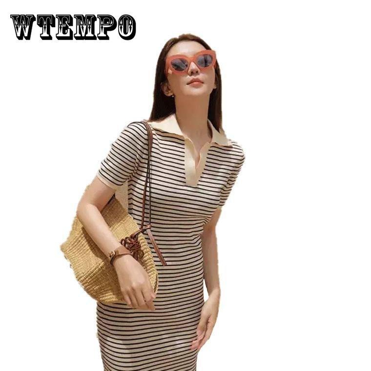 Женское элегантное праздничное платье с коротким рукавом, тонкое полосатое вязаное платье с воротником-поло, винтажное пляжное платье