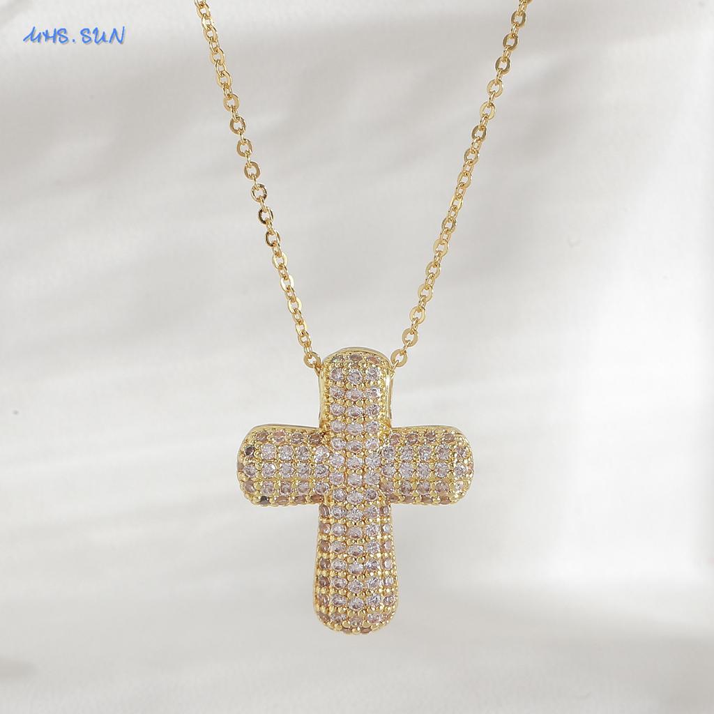MHS.SUN Luxury Zircon Bubble Cross Pendant Necklace for Women Men Fashion Gold/Silver Color Religious Crosses Jewelry Gift