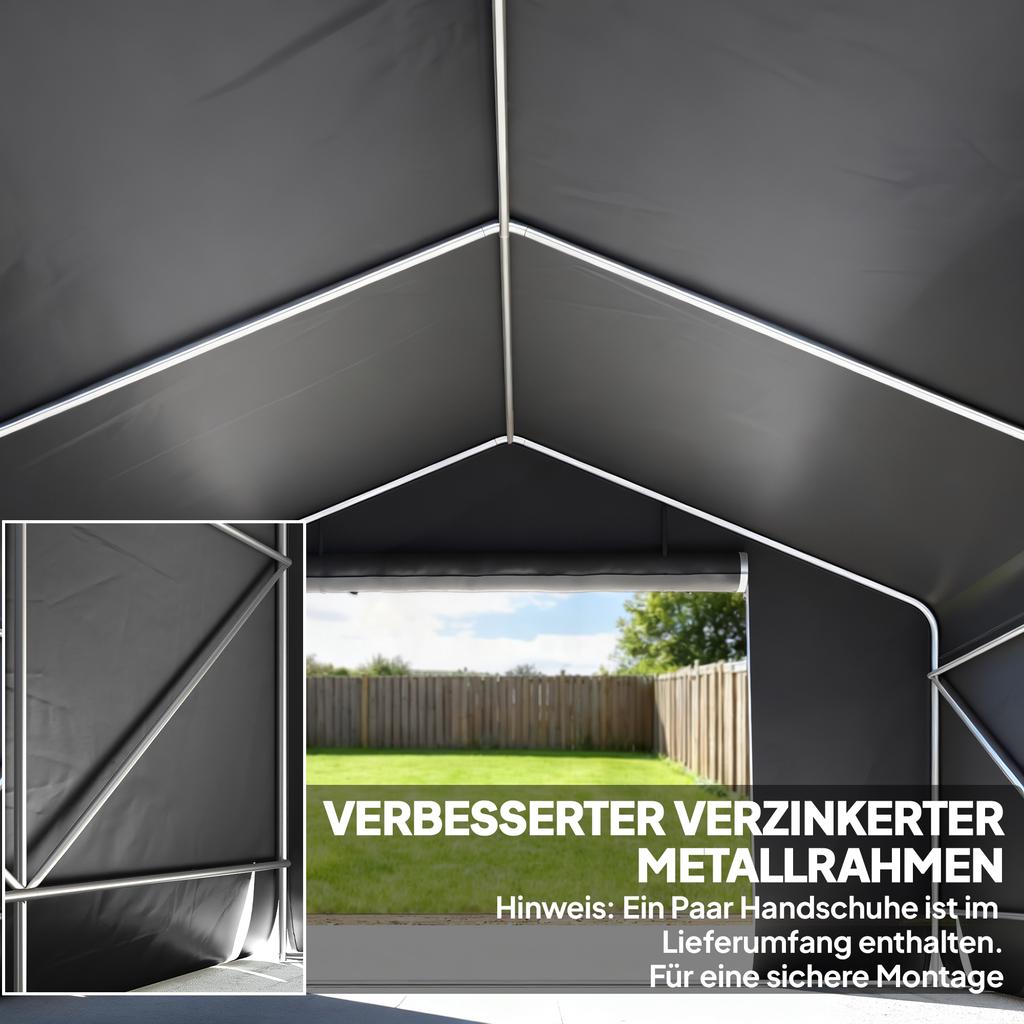 Portable garden shed. Bicycle tent. Roll-up door with zipper. Metal frame. Versatile storage. Dark gray