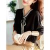 Knitwear Women's Spring and Autumn Temperament V-neck Bow Belt Loose Thin Long-sleeved Blouse