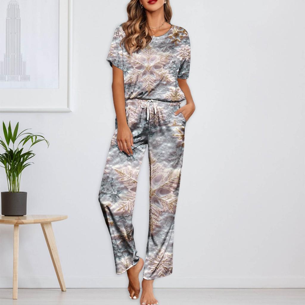 Женский шелковый атласный пижамный комплект с рождественским принтом, рубашка с коротким рукавом и длинные пижамные штаны, мягкая домашняя одежда