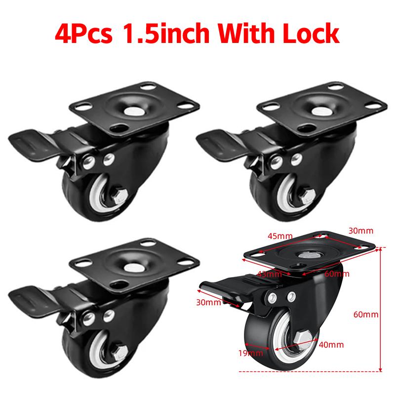 4 шт. Бесшумные колеса с двойными роликами, Двойные шариковые подшипники, Черные поворотные с тормозом, Колеса для тележки 1,5" - 2"