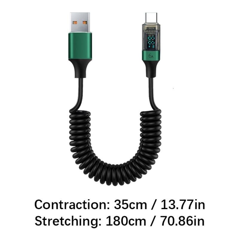 Быстрый спиральный зарядный кабель USB - USB C 6A 66 Вт, быстрая зарядка, светодиодный экран для мониторинга, универсальный для планшетного ПК