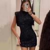 Round Neck Holiday Party Dress Fly Sleeve Silm Evening Dress Shining Sequin Mini Dress  Ladies/Girl