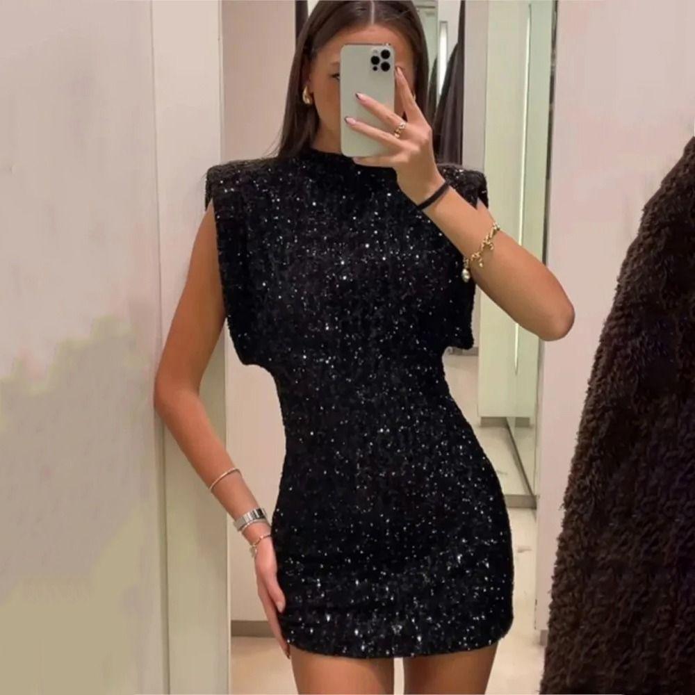Round Neck Holiday Party Dress Fly Sleeve Silm Evening Dress Shining Sequin Mini Dress Ladies/Girl