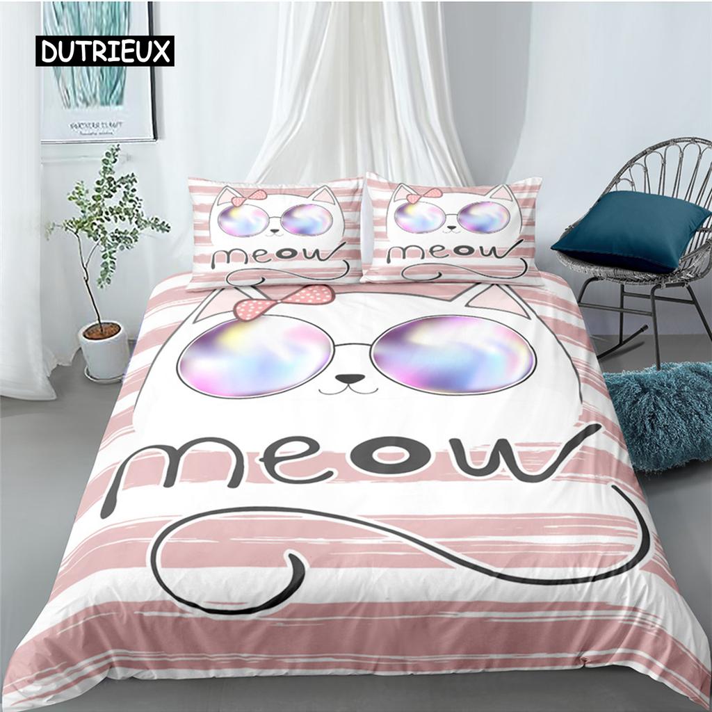 Cartoon Cat Duvet Cover Set for Kids Girl Microfiber Kitten 2/3pcs Cartoon Animal Bedding Set Single Twin Queen King Quilt Cover