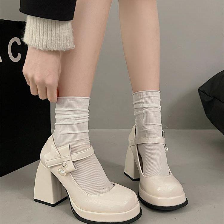 Coarse Heel Fashion French Versatile Pearl Bow Women's Shoes Mary Jane High Heels New In Autumn and Winter 2025