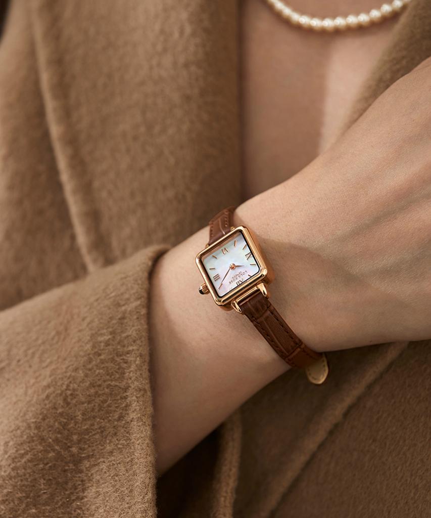 Lollalojeu Cube Mother-Of-Pearl Brown Leather Women'S Watch