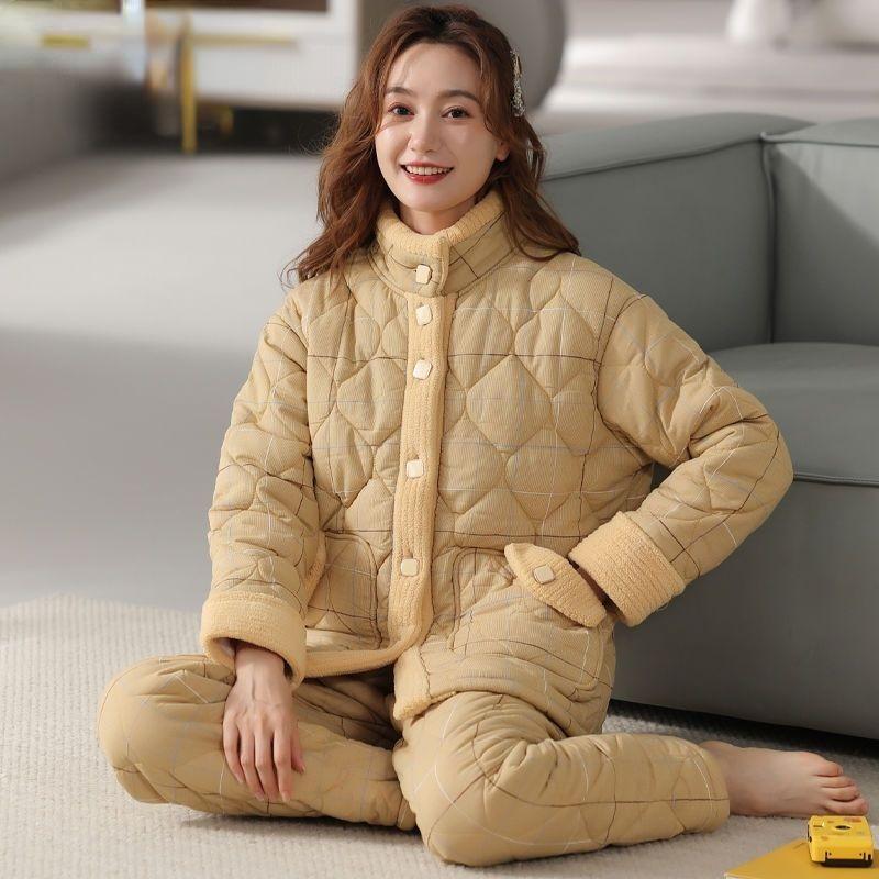 Куртка Пижама Женская Зимняя Трехслойная Теплая Плюшевая Утолщенная Домашняя Одежда Повседневная Для Молодежи Среднего Возраста Комплект Пижамы