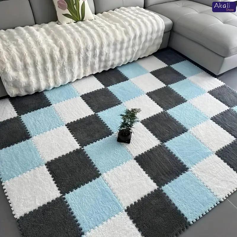 4/12pcs Plush Puzzle Foam Floor Mat Soft Fluffy Interlocking Square Foam Tiles Area Rugs Carpet for Parlor Bedroom Decoration