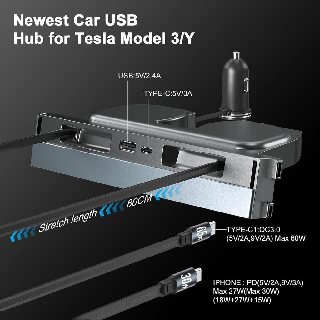 Для Tesla Model Y Juniper 2026 Выдвижная центральная консоль USB-хаб Model 3 Highland Зарядное устройство для телефона Быстрая зарядка Док-станция