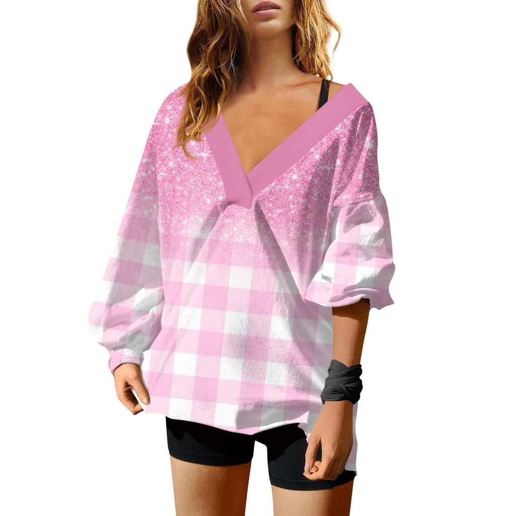 Женская мода V-образный вырез длинный рукав принтованный свободный пуловер свитшот топ