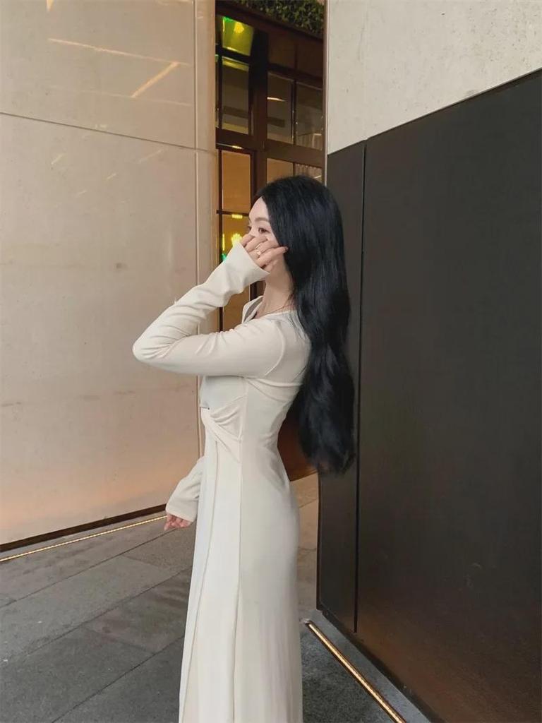 Женское трикотажное платье больших размеров с французским V-образным вырезом - осенняя утягивающая талию длинная юбка