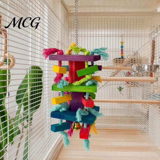 Cotton Rope Bird Toy Parrot Chewing for Macaws African Greys, Colorful Wooden Block Puzzle with Multi-layer Tassels, Hanging Interactive Activity