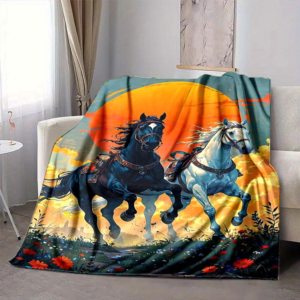 1pc Horse Sunset Blanket, Lightweight Flannel Throw Blanket for Sofa, Bed, Travel, Camping, Living Room, Office, Couch, Chair, and Bed