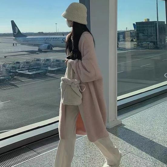 Женское зимнее пальто с длинными рукавами, утолщенное плюшевое, однотонное, длиной до середины икры, уютный кардиган с защитой от ветра и температурным фиксатором