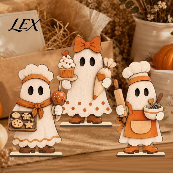 Decorative Wooden Fall Crafts 3 Pcs Vintage Ghost Tabletop Centerpiece, Rustic Chef Block Sign, Halloween Table Decor Freestanding Farmhouse