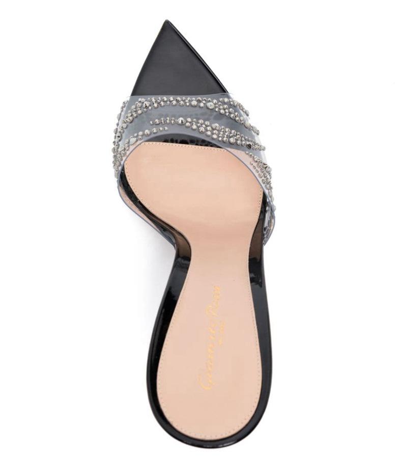 Модные прозрачные летние шлепанцы на высоком каблуке в европейском и американском стиле, с блестящими стразами, на тонком каблуке, заостренные, однотонные, босоножки на высоком каблуке