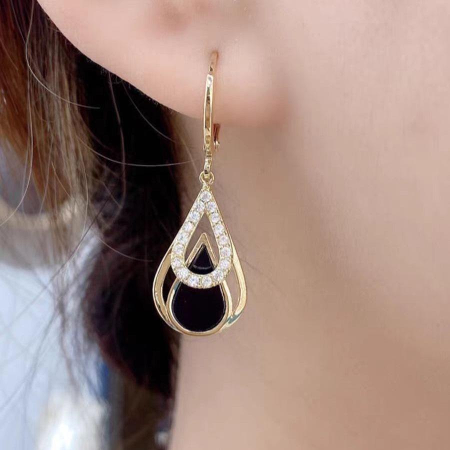 Trendy Rhinestones Black Enamel Oil Water Drop Dangle Earrings for Women Party Golden Hollow Out Round Hoop Jewelry Gift