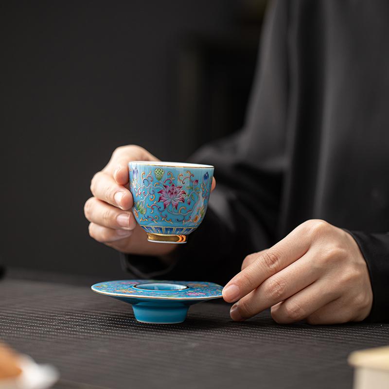 Su's Ceramic Enamel Color Palace Style Ceramic Personal Tea Cup Tea Tray Gift Box Accompanying Gift (Blue)