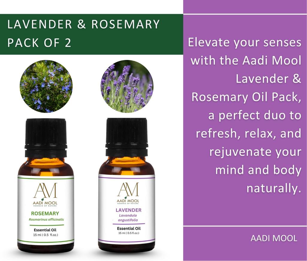 Aadi Mool Rosemary & Lavender Oil Combo for Hair Growth, Scalp Care & Aromatherapy | Rosemary Essential Oil and Lavender Essential Oil for Hair,