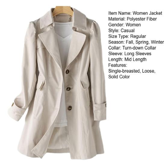 Осень-весна Женская куртка с отложным воротником, однобортное свободное пальто средней длины, однотонный цвет
