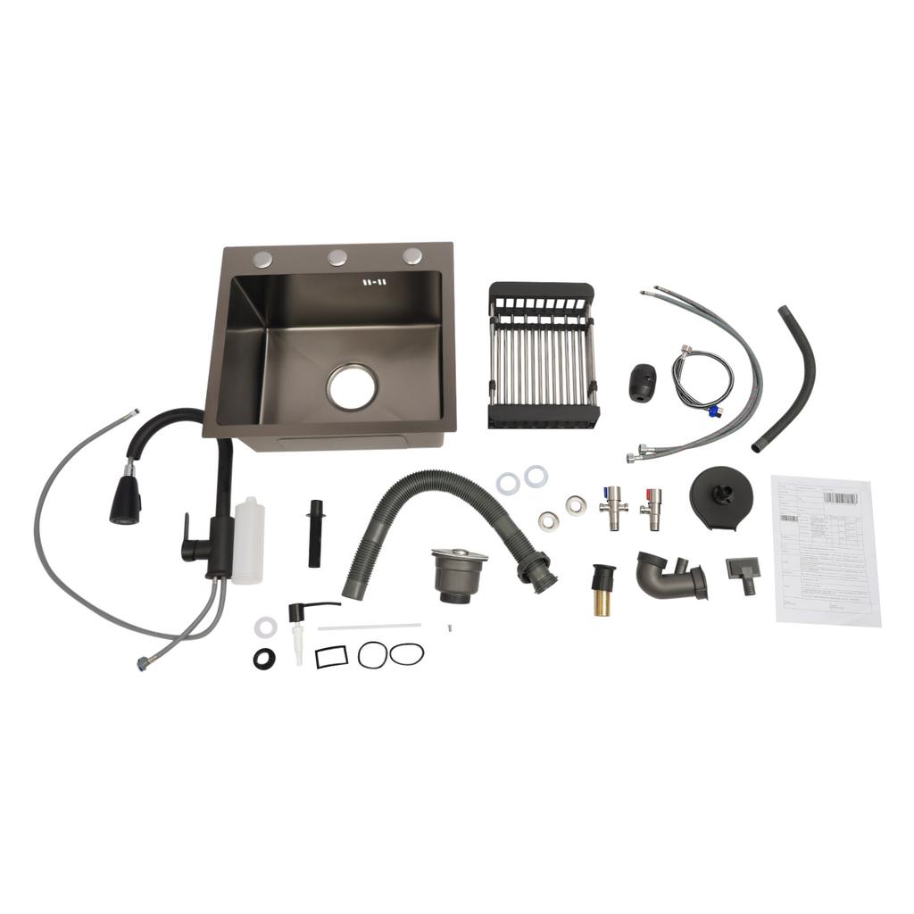 Multi-Functional 201 Stainless Steel Kitchen Sink – Pull-Out Faucet, Cup Rinser, Drain Basket & Soap Dispenser Included – Gun-Grey – 45 x 40 cm