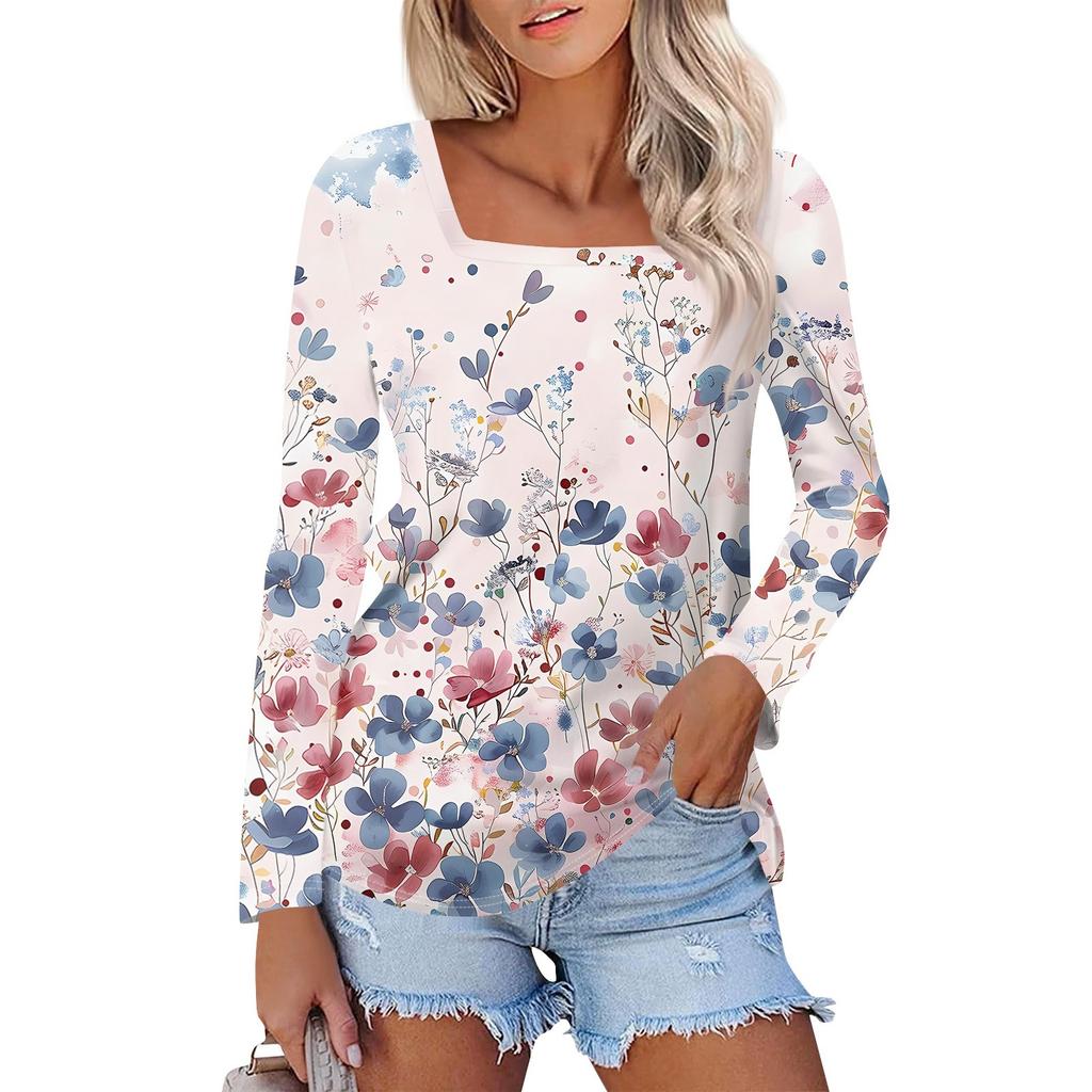 Shirt For Women's Fashion Casual Square Neck Long Sleeve Loose Printed T-Shirt Ladies Top