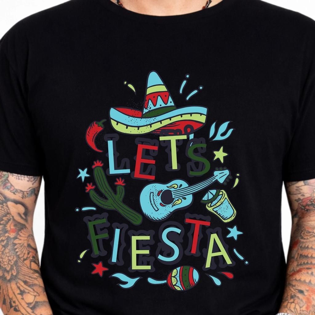 Lets Fiesta Mexican Sombrero Cactus Guitar Cinco De Mayo Party Graphic Tee.