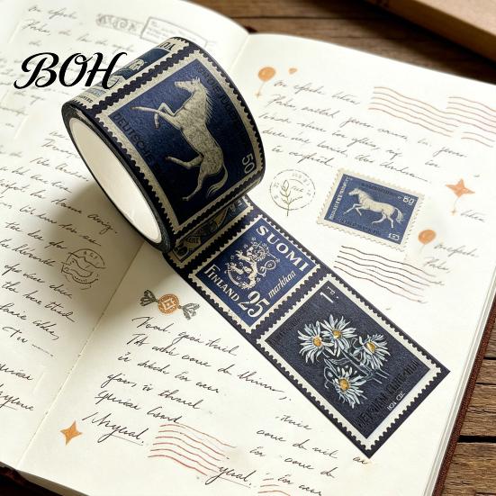 Retro Adhesive Tape Vintage Stamp Washi Roll, Aesthetic Decorative Masking Tape, for DIY Art Crafts, Journaling Scrapbooking Supplies Planner