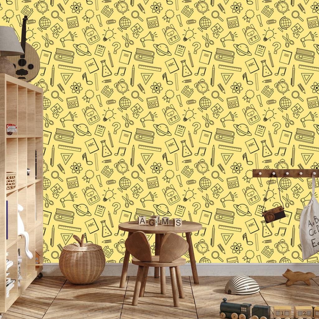 Wallpaper School Supplies Cream and Yellow, Cream Background 50x1000