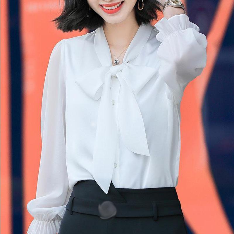 Летняя модная туника, женская блузка, футболки с длинным рукавом, бантом, шифоновым v-образным вырезом, официальные женские белые, черные рубашки, пуловер