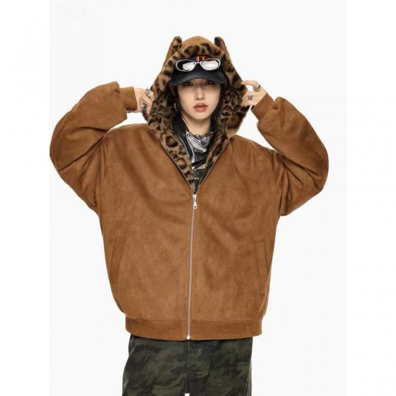 Vintage Leopard Print Cat Ear Hooded Padded Jacket Loose Fit Warm Winter Coat Men Women