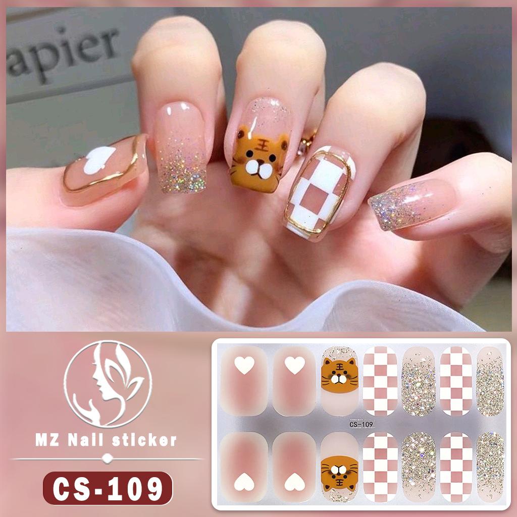 CS Waterproof No-Cure Gel Nail Wraps, Full Cover Contrast Color Tiger Head Pattern Nail Stickers, Nail Patch Films