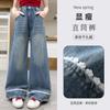 Girls' jeans 2026 new spring leg patchwork lace mid size children's Korean version loose wide leg pants
