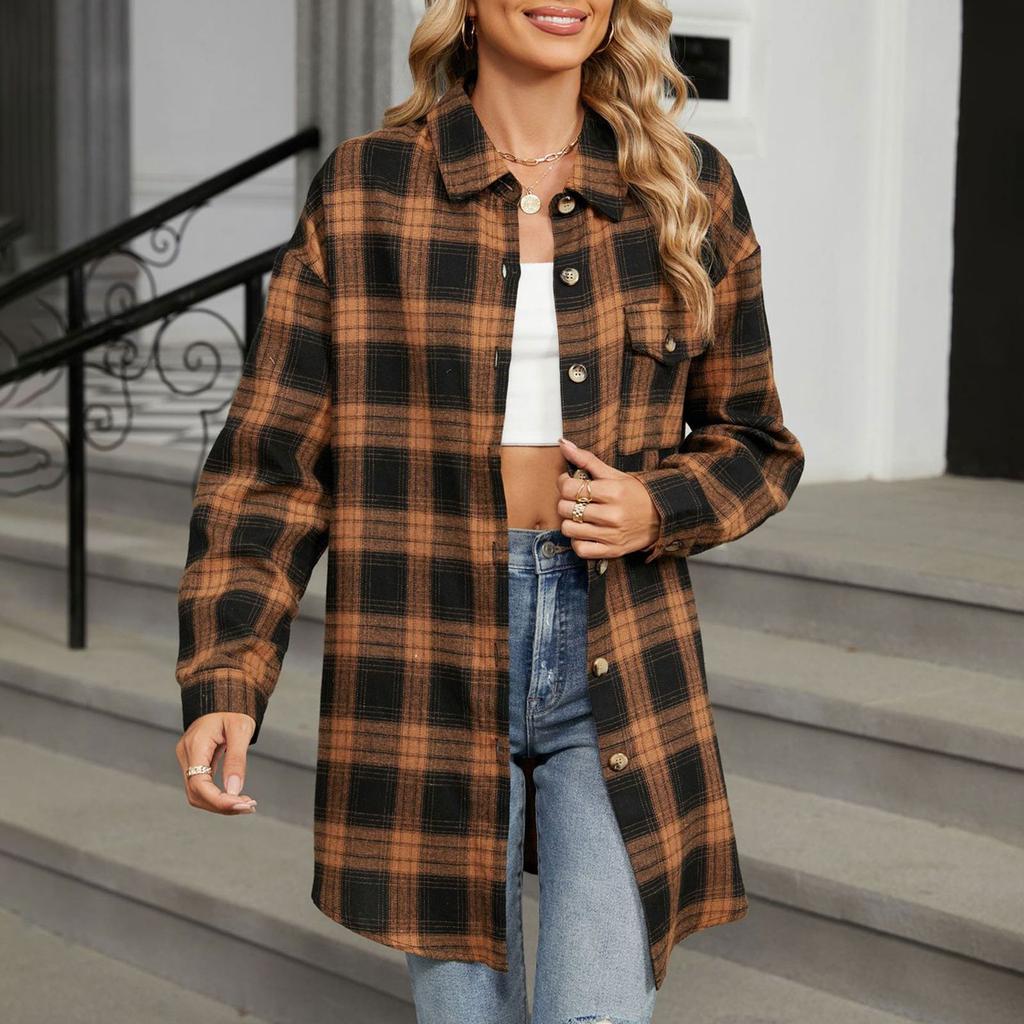 Женская модная широкая клетчатая куртка-рубашка с длинными рукавами и карманами на пуговицах