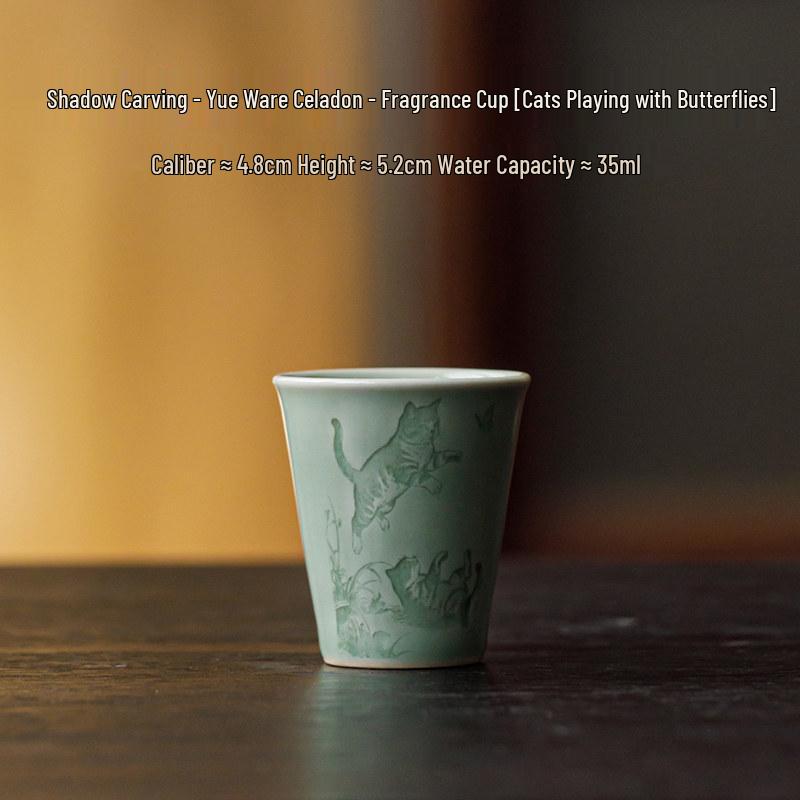 Guanlan Yue Celadon Shadow Carved Zodiac Tea Cup - High-Grade Ceramic Masterpiece for Aroma and Tea Tasting