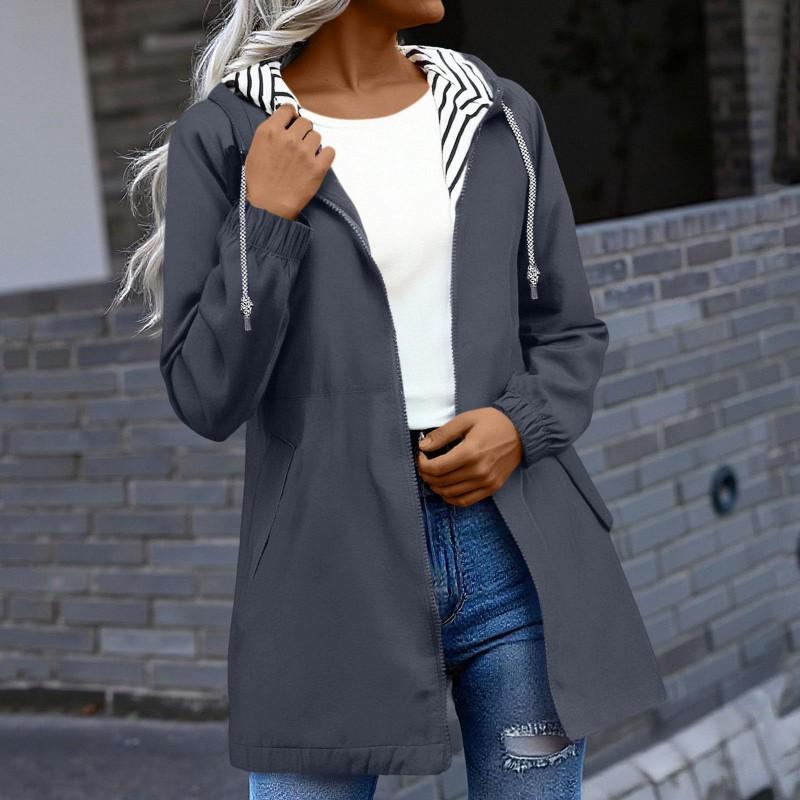Womens Casual Hooded Long Sleeve Mid-Length Windbreaker Water-Resistant Zip Coat